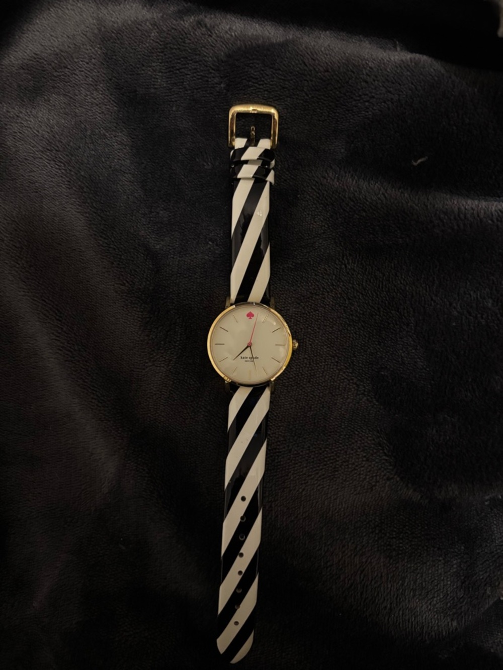 kate spade Black & White Diagonal Stripe Leather Watch with Gold Case
